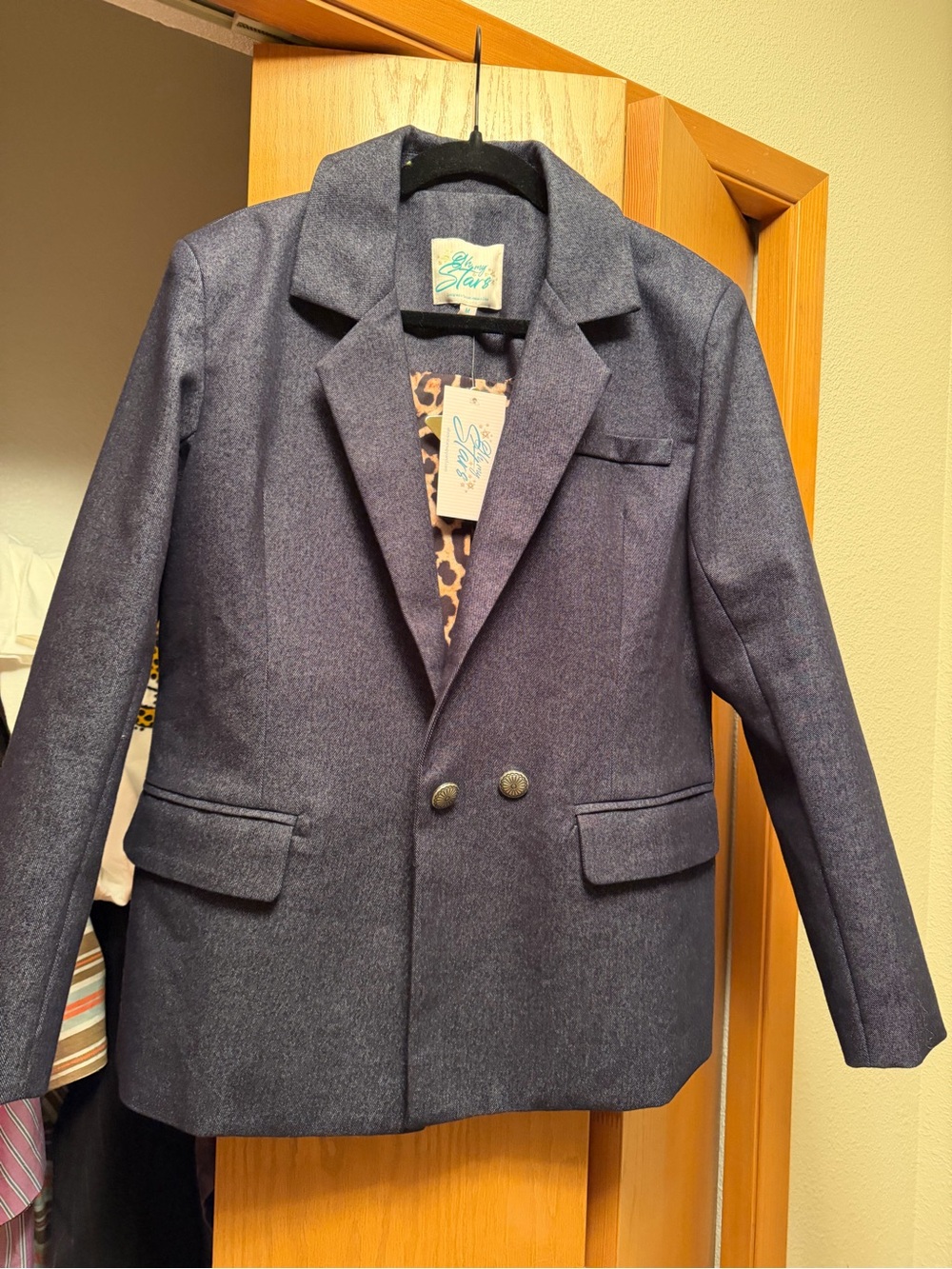 Women's Double-Breasted Blazer in Dark Denim - Picture 2 of 6